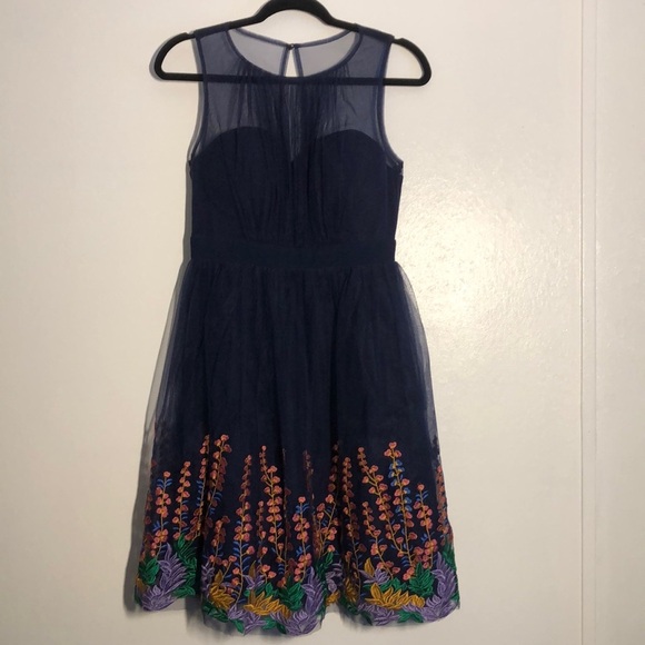 Geode Womens Midi Dress Size S Floral Formal Embroidered Wedding Blue Tulle - Picture 1 of 7